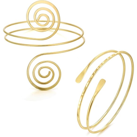 2Pcs Gold Arm Cuff Bracelets Set for Women Open Adjustable Upper Arm Bangles Coi - Picture 1 of 7